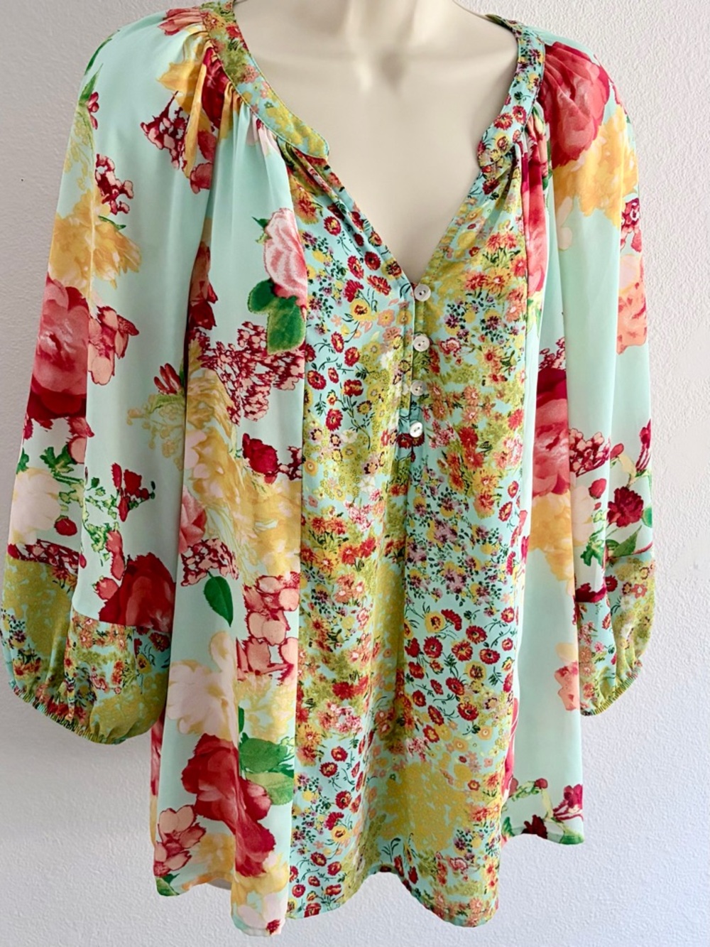 Fig & Flower Floral Peasant Blouse Boho V Neck 3/4 Sleeve Medium Cottagecore